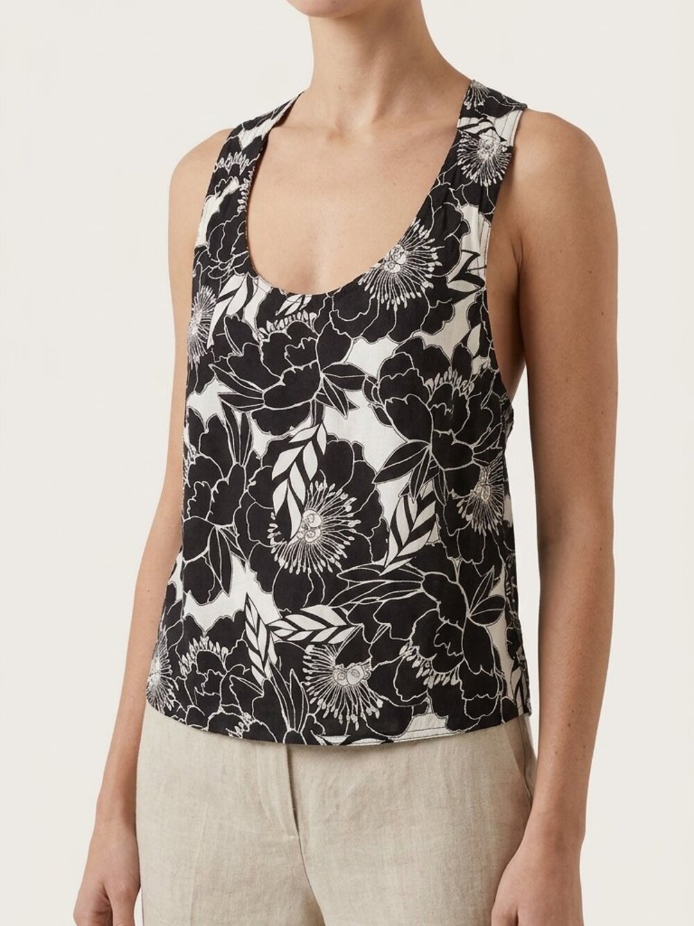 Rose + Olive Resort Black White Floral Cross-Back Tank Top Size L